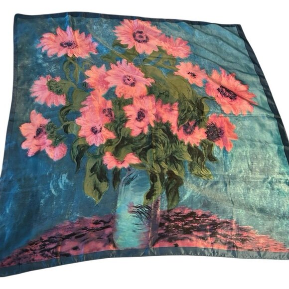 Vintage Satin Still Life Vibrant Floral Bold Art Scarf 35 x36 Square Blue Pink - Picture 2 of 8